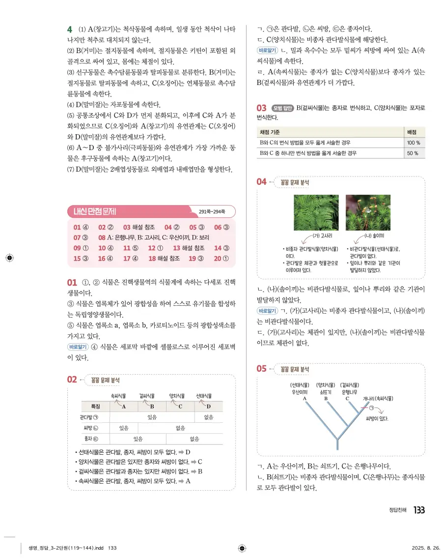 2022 개정 완자 고등 생명과학 답지 133페이지