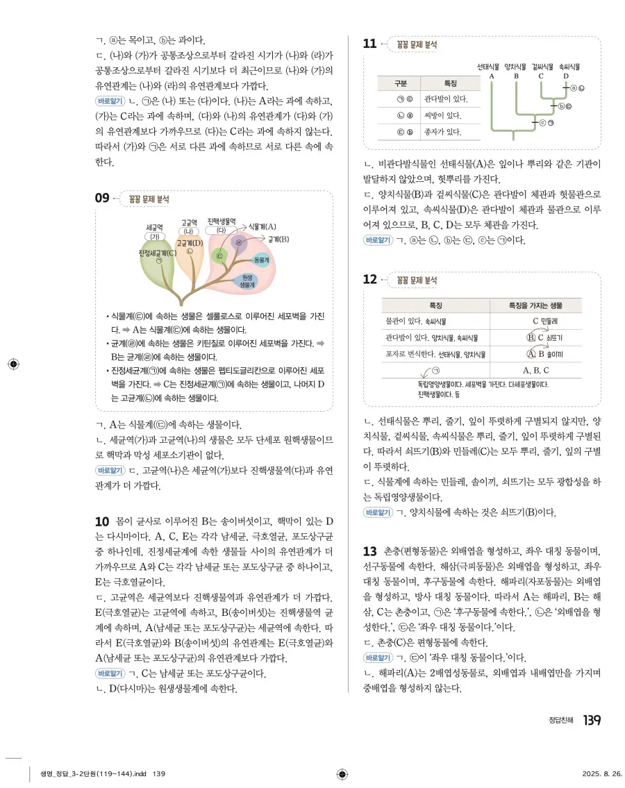 2022 개정 완자 고등 생명과학 답지 139페이지
