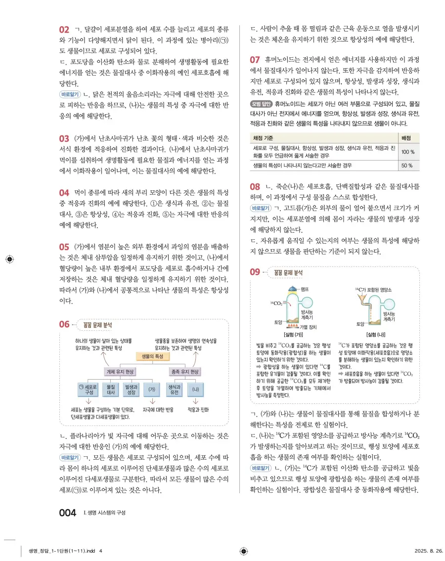 2022 개정 완자 고등 생명과학 답지 4페이지