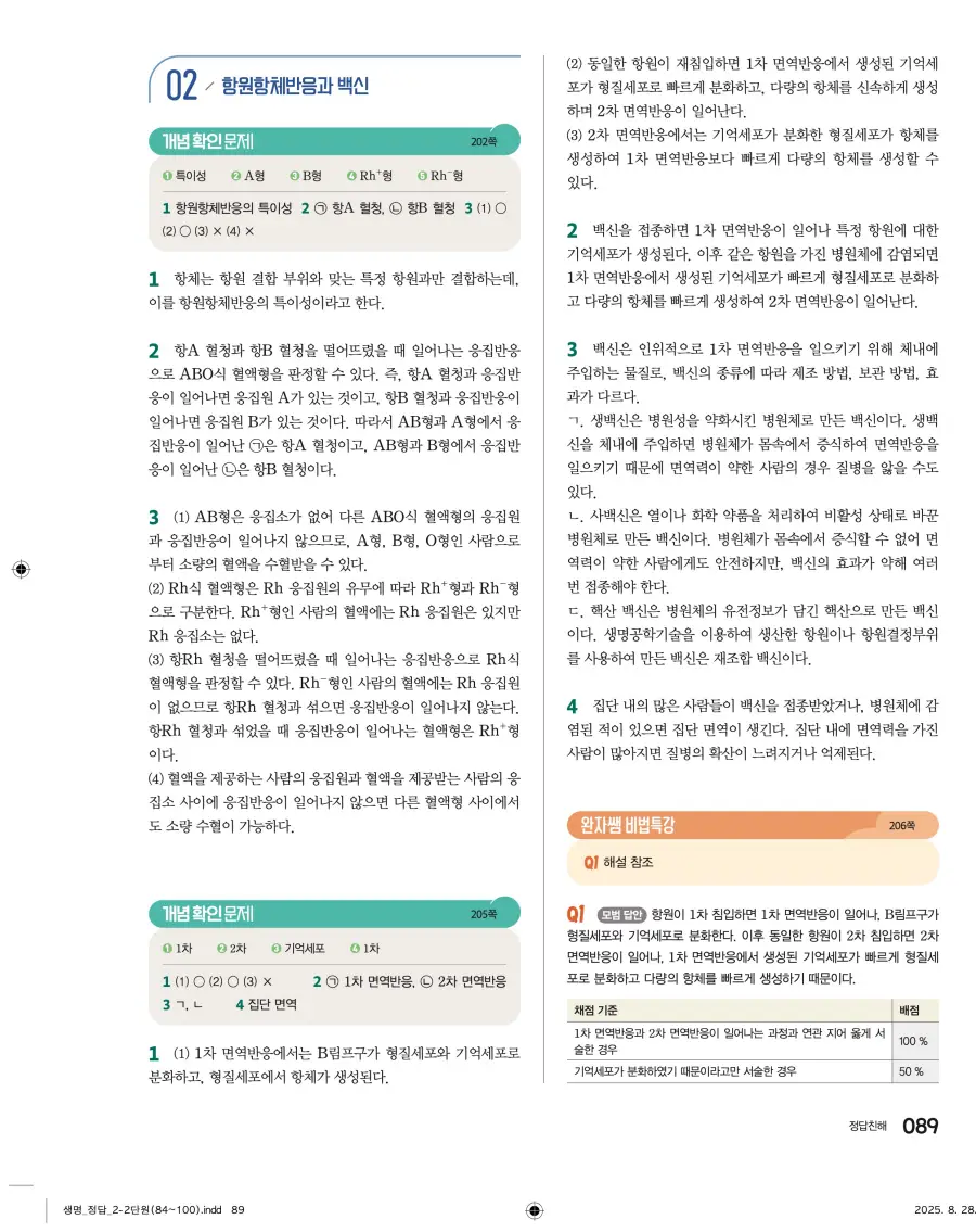 2022 개정 완자 고등 생명과학 답지 89페이지