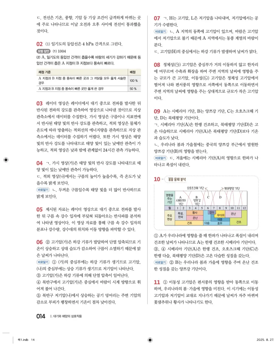 2022 개정 완자 고등 지구과학 답지 14페이지