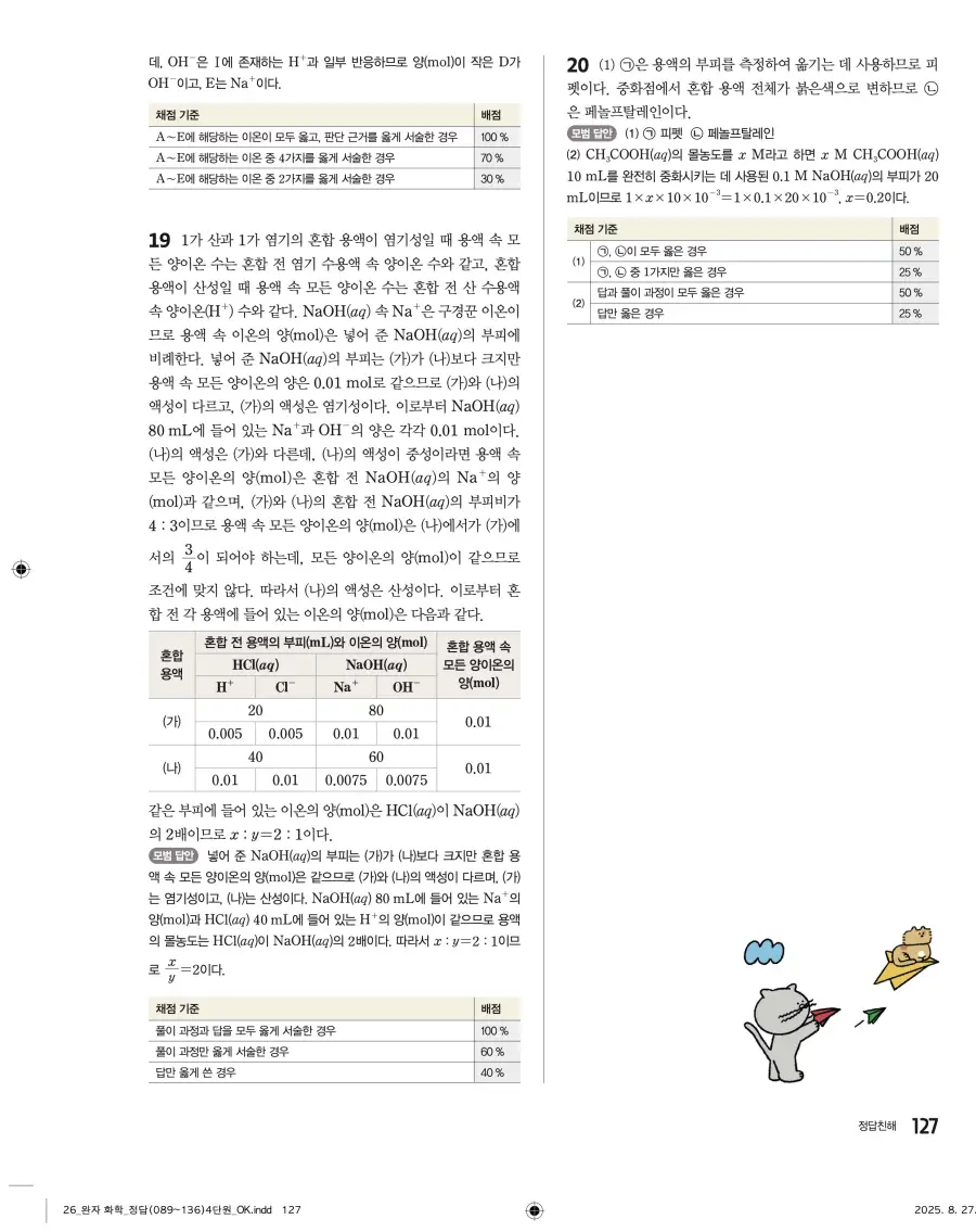 2022 개정 완자 고등 화학 답지 127페이지