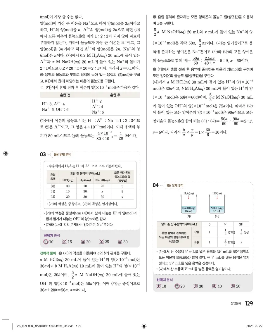 2022 개정 완자 고등 화학 답지 129페이지