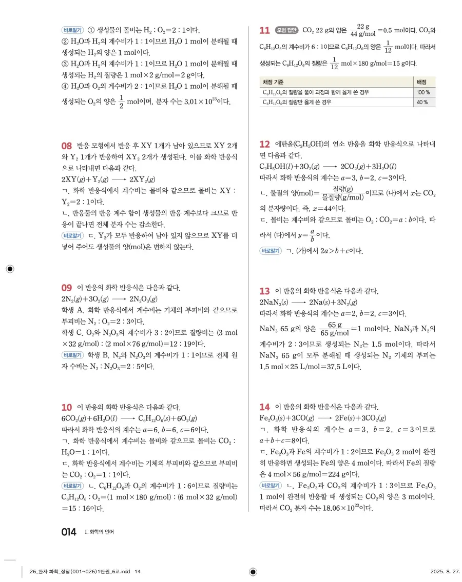 2022 개정 완자 고등 화학 답지 14페이지