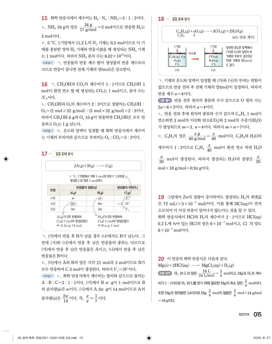 2022 개정 완자 고등 화학 답지 15페이지