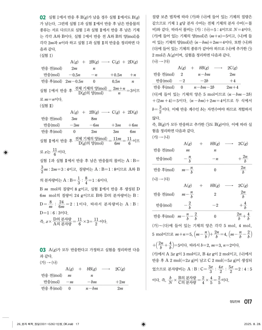 2022 개정 완자 고등 화학 답지 17페이지