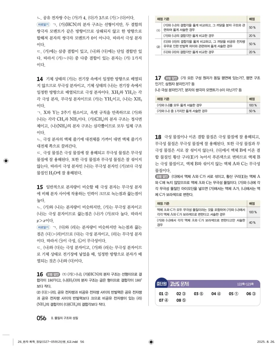 2022 개정 완자 고등 화학 답지 56페이지