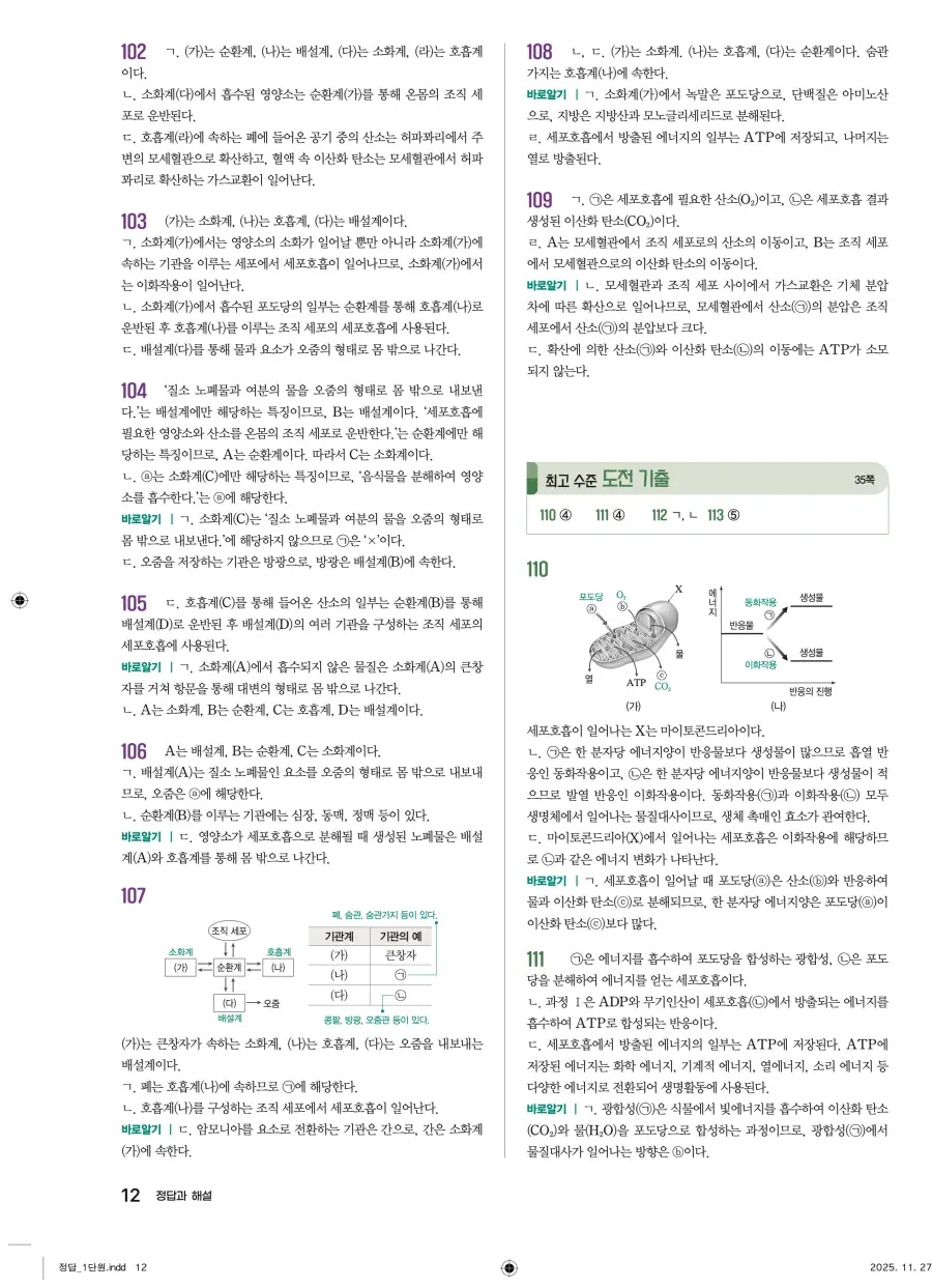 2022 개정 완자 기출픽 고등 생명과학 답지 12페이지