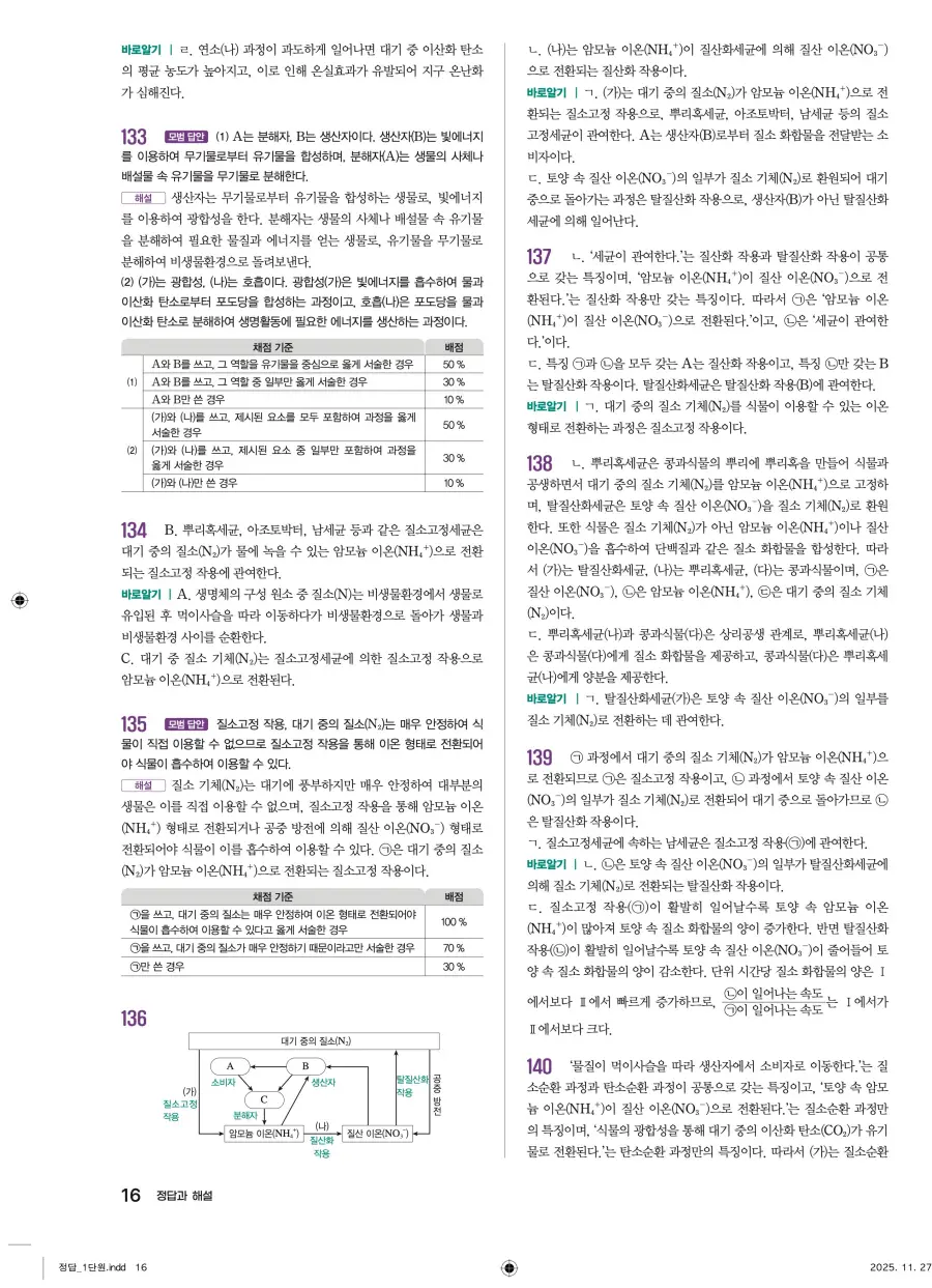 2022 개정 완자 기출픽 고등 생명과학 답지 16페이지