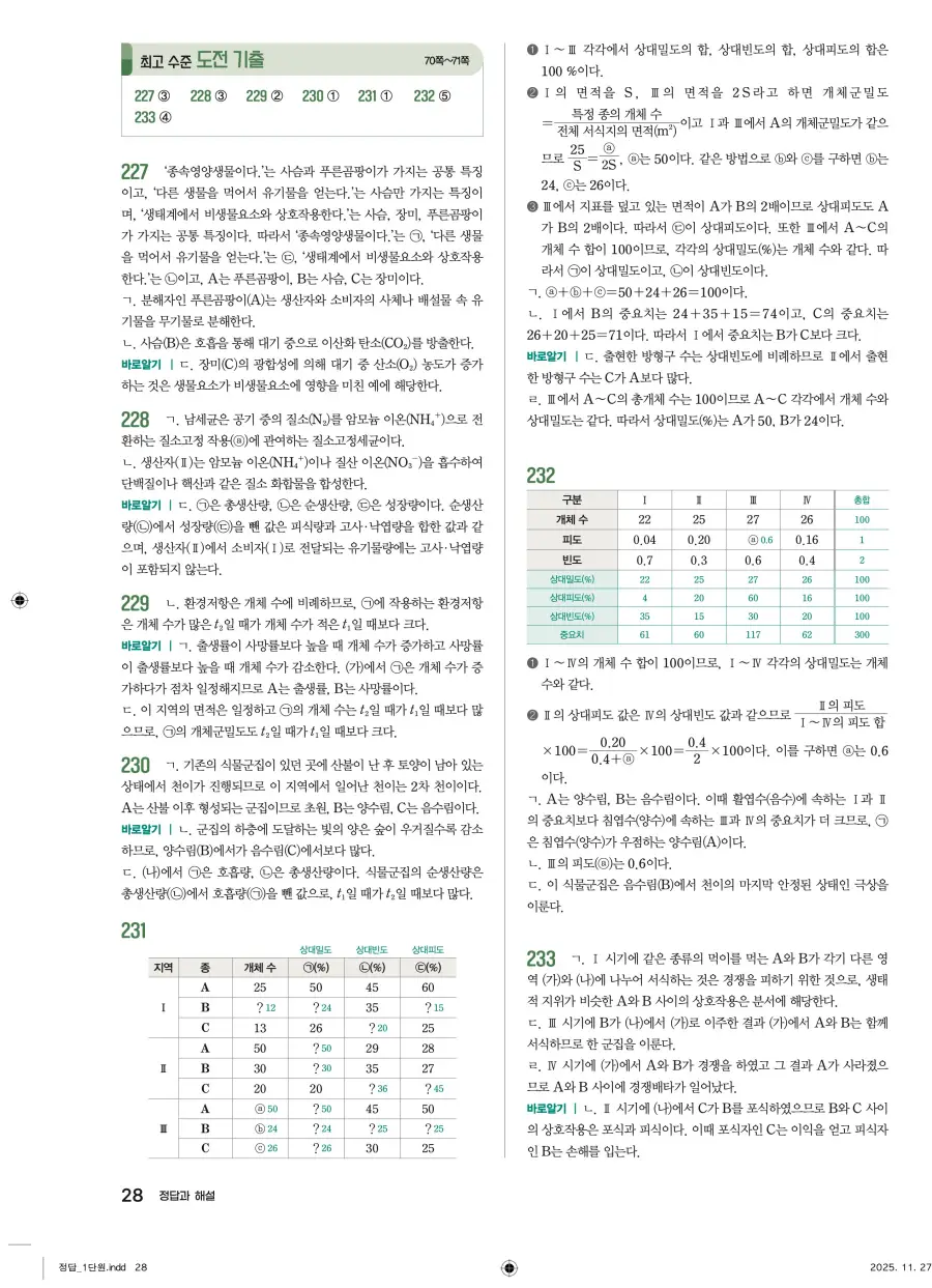 2022 개정 완자 기출픽 고등 생명과학 답지 28페이지