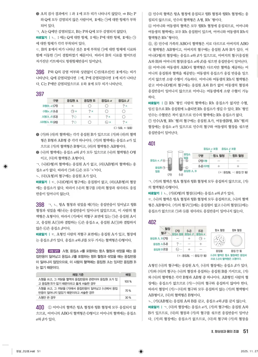 2022 개정 완자 기출픽 고등 생명과학 답지 51페이지