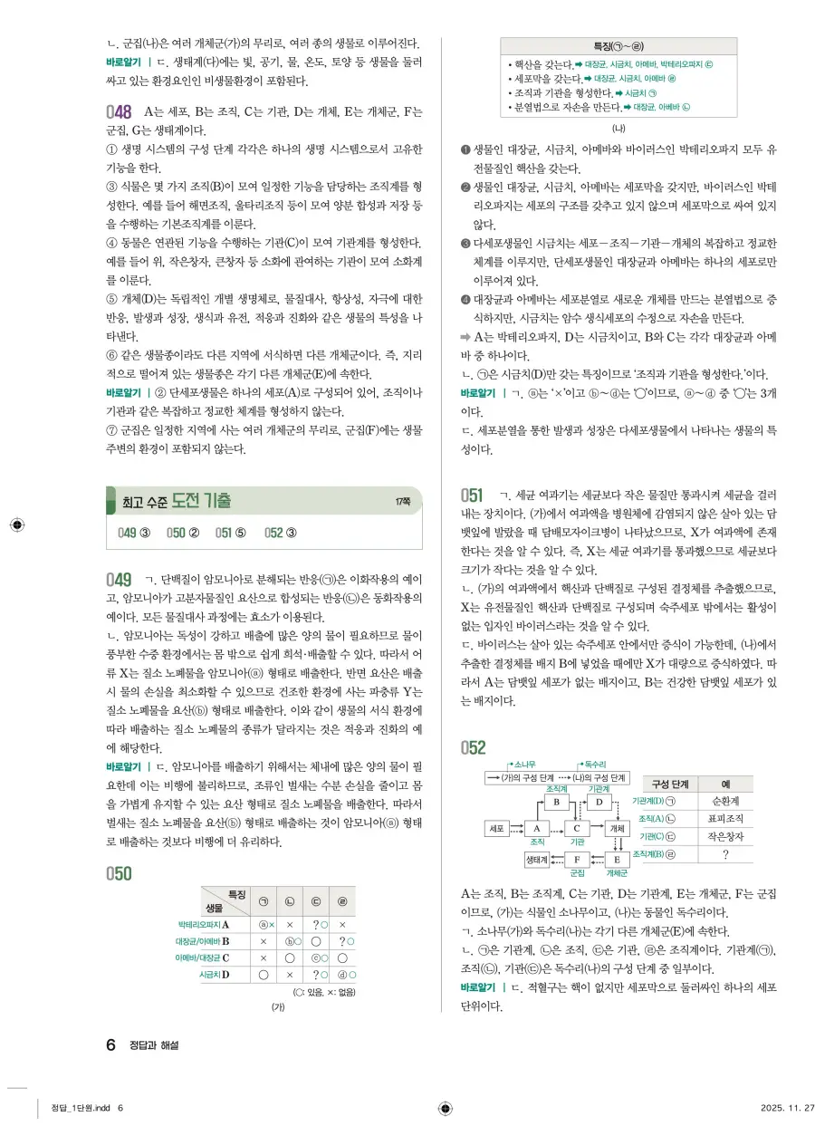 2022 개정 완자 기출픽 고등 생명과학 답지 6페이지