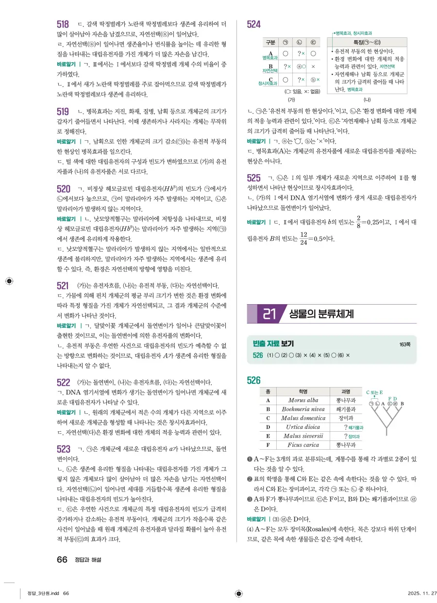 2022 개정 완자 기출픽 고등 생명과학 답지 66페이지