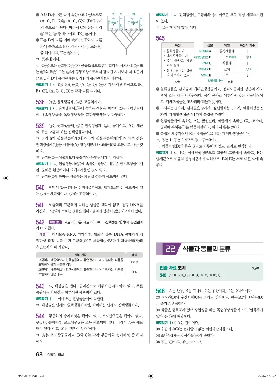 2022 개정 완자 기출픽 고등 생명과학 답지 68페이지
