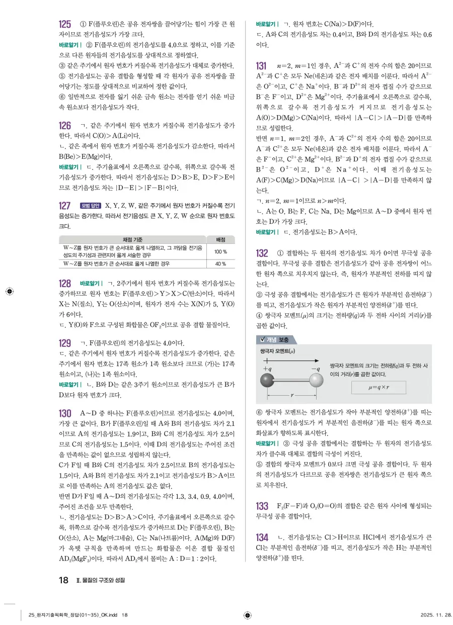 2022 개정 완자 기출픽 고등 화학 답지 18페이지
