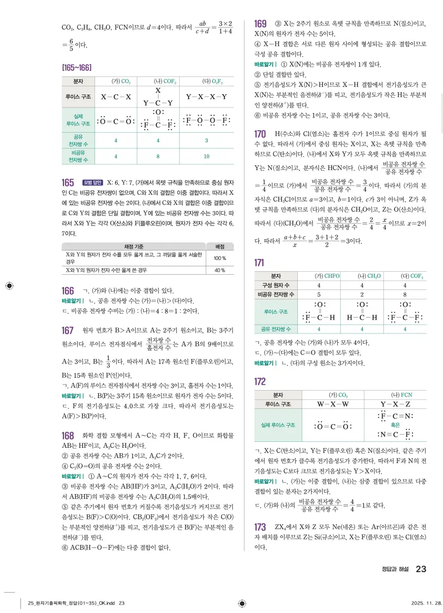 2022 개정 완자 기출픽 고등 화학 답지 23페이지