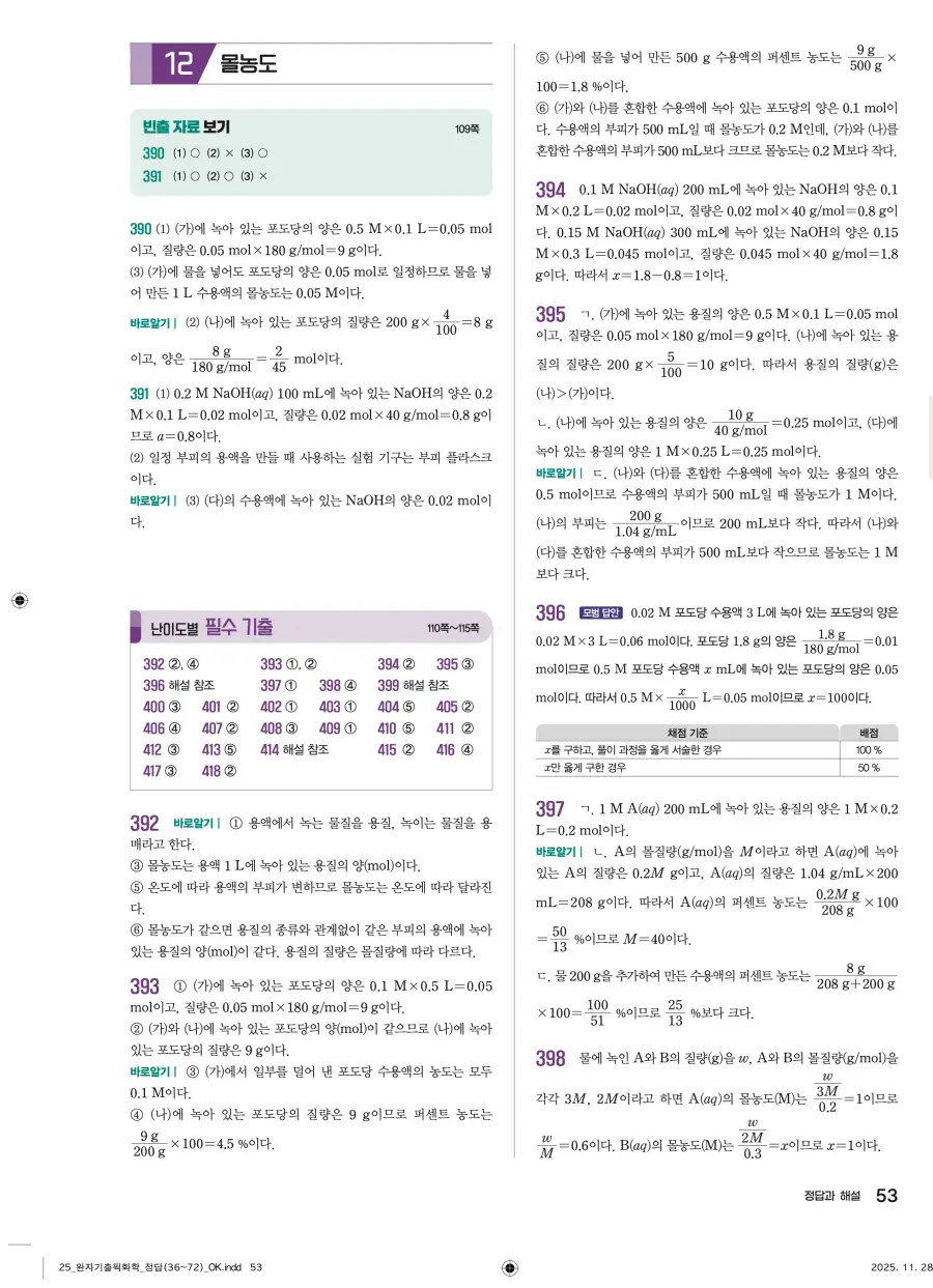 2022 개정 완자 기출픽 고등 화학 답지 53페이지