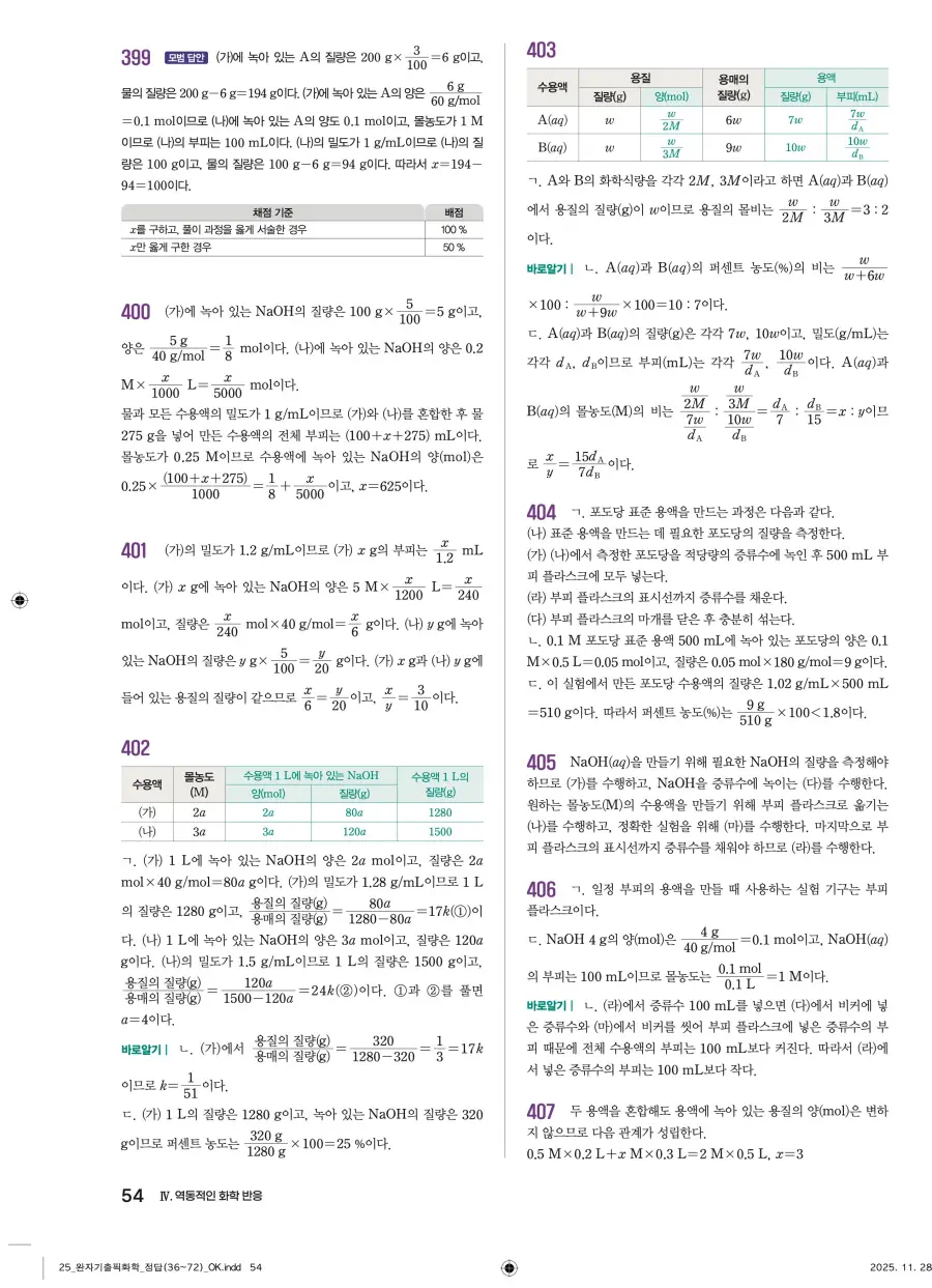 2022 개정 완자 기출픽 고등 화학 답지 54페이지