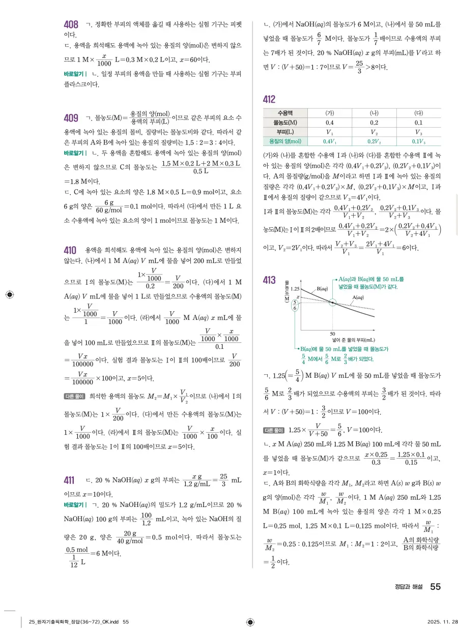 2022 개정 완자 기출픽 고등 화학 답지 55페이지