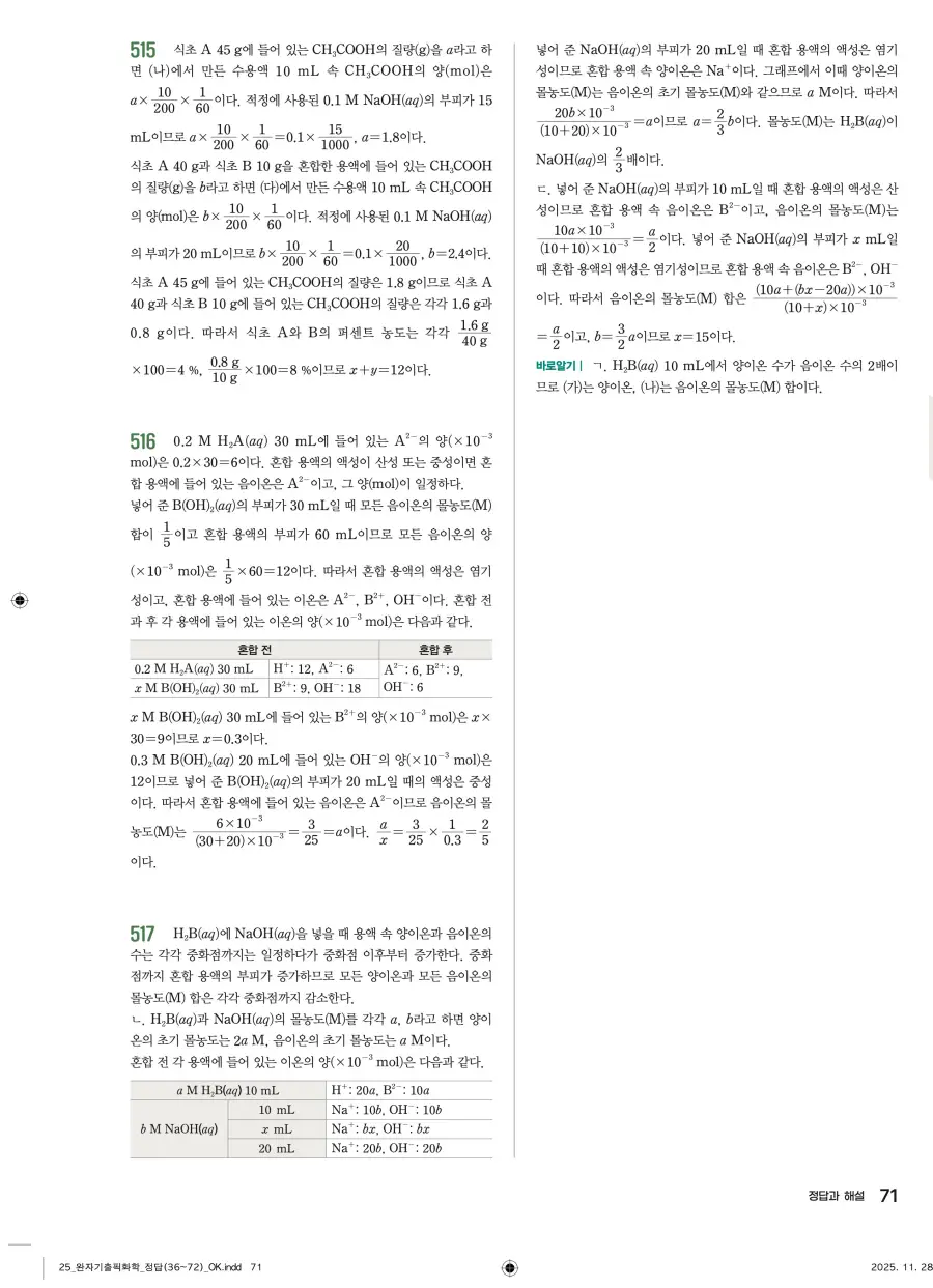 2022 개정 완자 기출픽 고등 화학 답지 71페이지