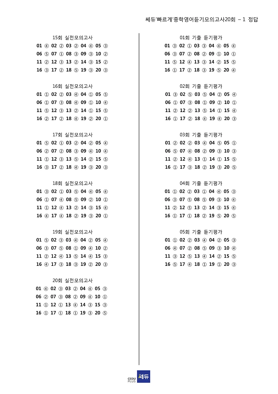 빠르게 중학 영어듣기 모의고사 20회 1권 답지 2페이지