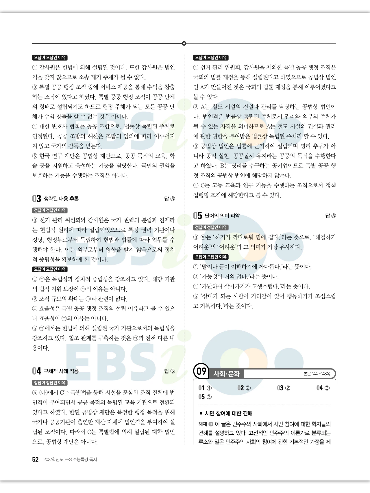 EBS 2027 수능특강 독서 답지 해설 52페이지