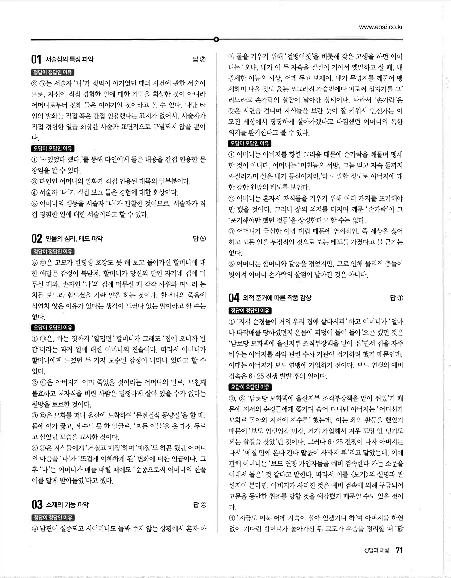 2027 수능특강 문학 답지 71페이지