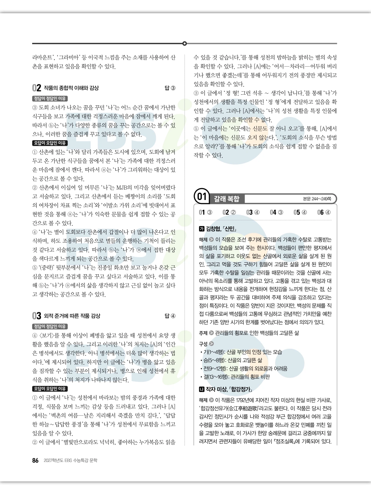 EBS 2027 수능특강 문학 답지 해설 87페이지