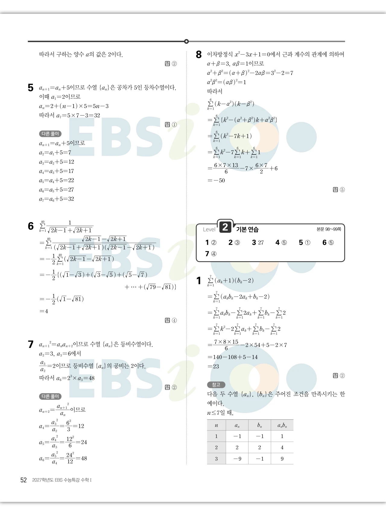 EBS 2027 수능특강 수학1 답지 해설 52페이지