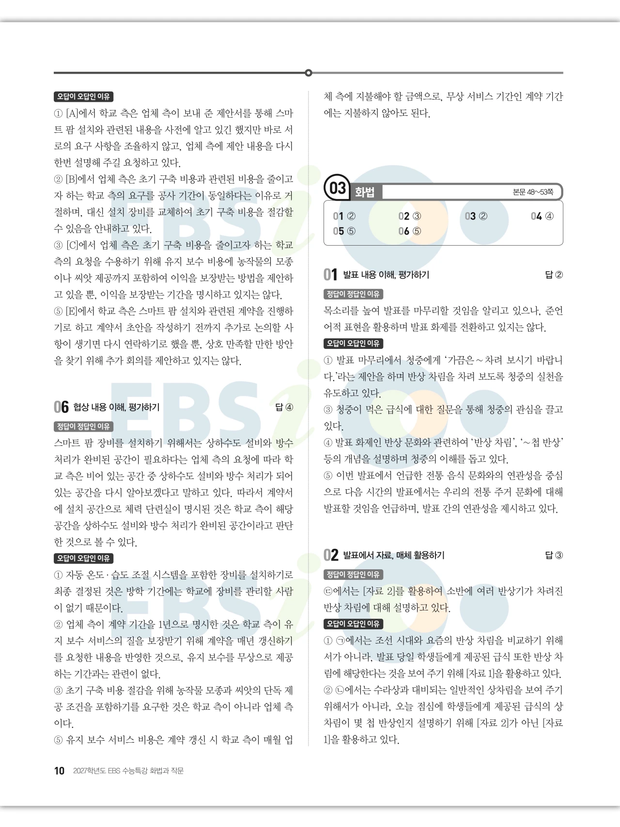 EBS 2027 수능특강 화법과 작문 답지 해설 10페이지