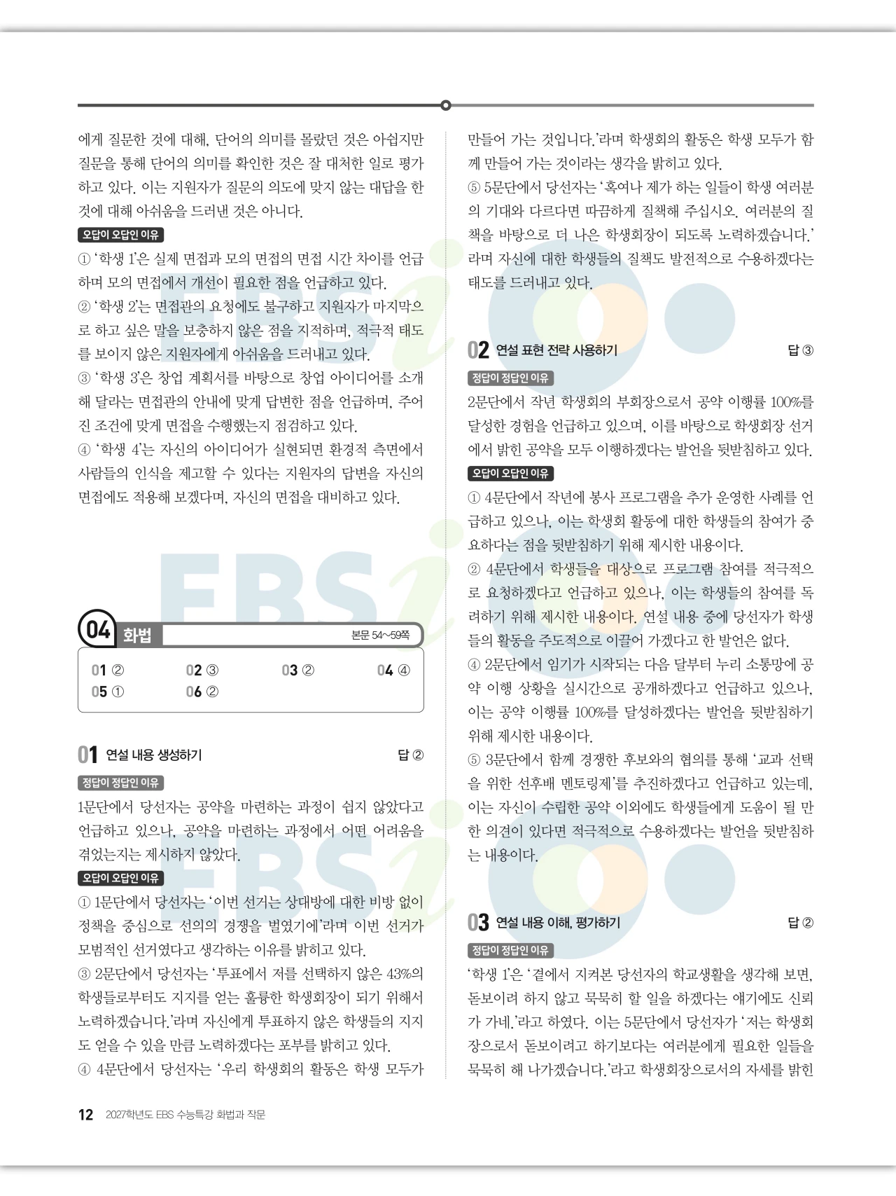 EBS 2027 수능특강 화법과 작문 답지 해설 12페이지
