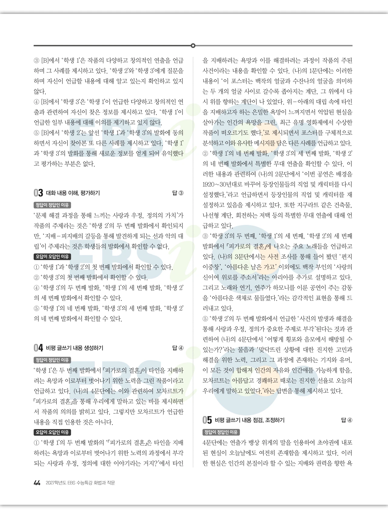 EBS 2027 수능특강 화법과 작문 답지 해설 44페이지