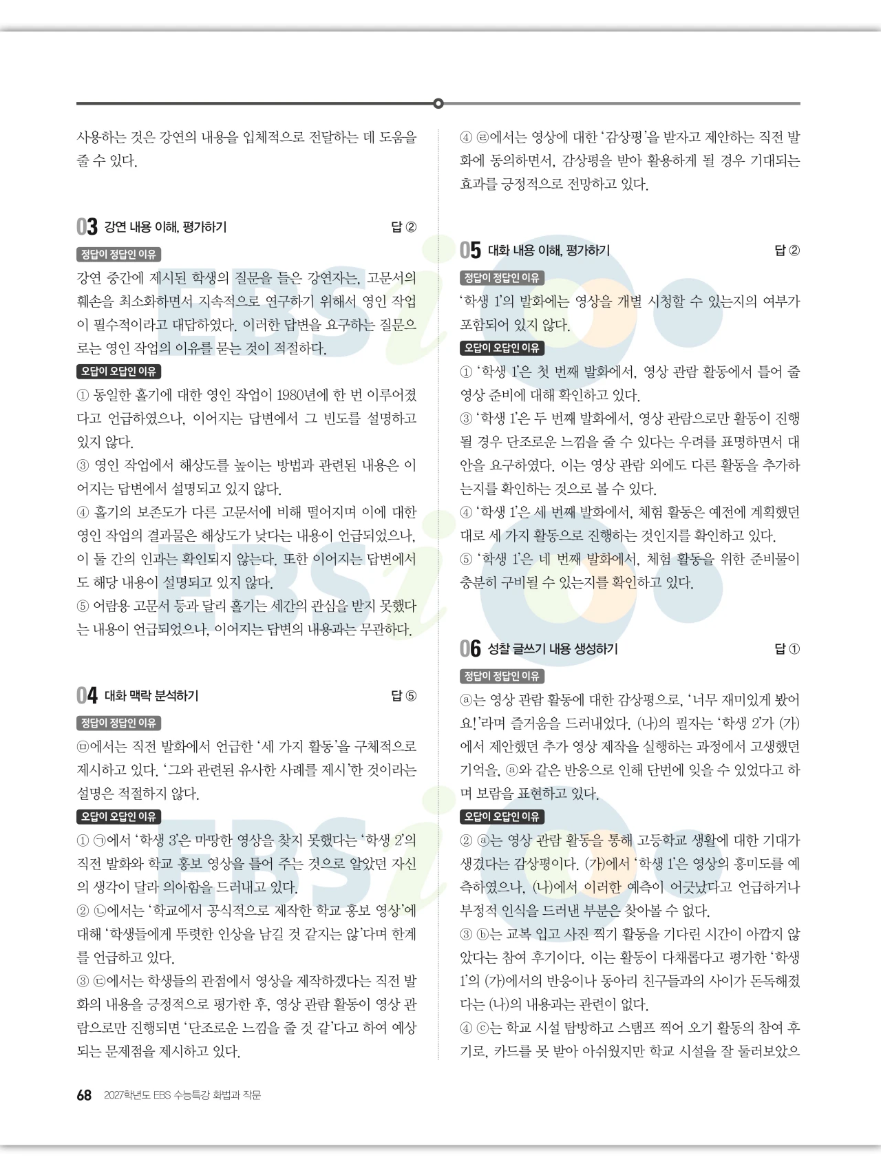 EBS 2027 수능특강 화법과 작문 답지 해설 68페이지