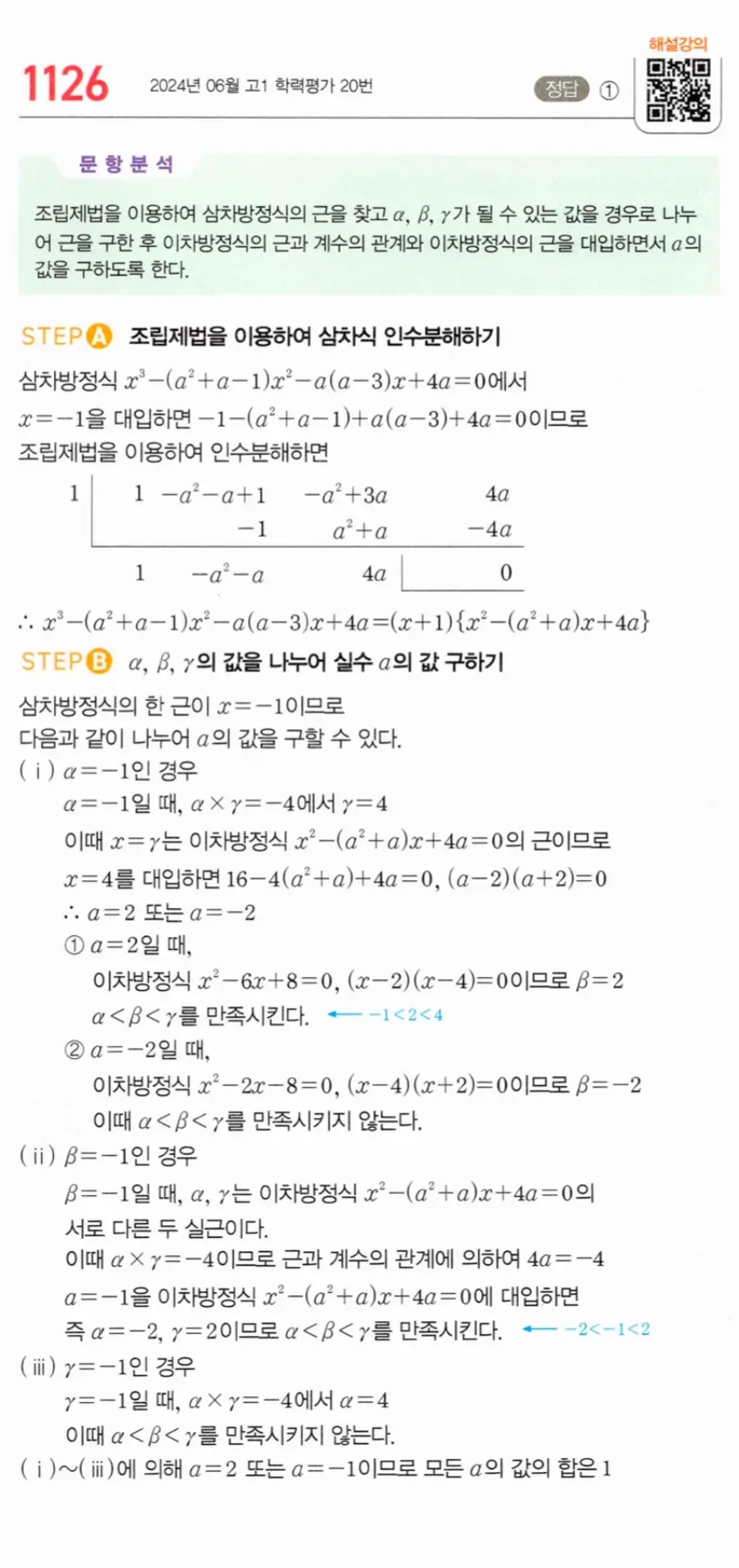 마플시너지 공통수학1 1126번 일등급문제 답지 이미지