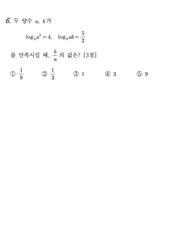 2026년 3월 고3 모의고사 수학 6번 문제 - log₃a²=4, log₉ab=5/2에서 b/a 구하기
