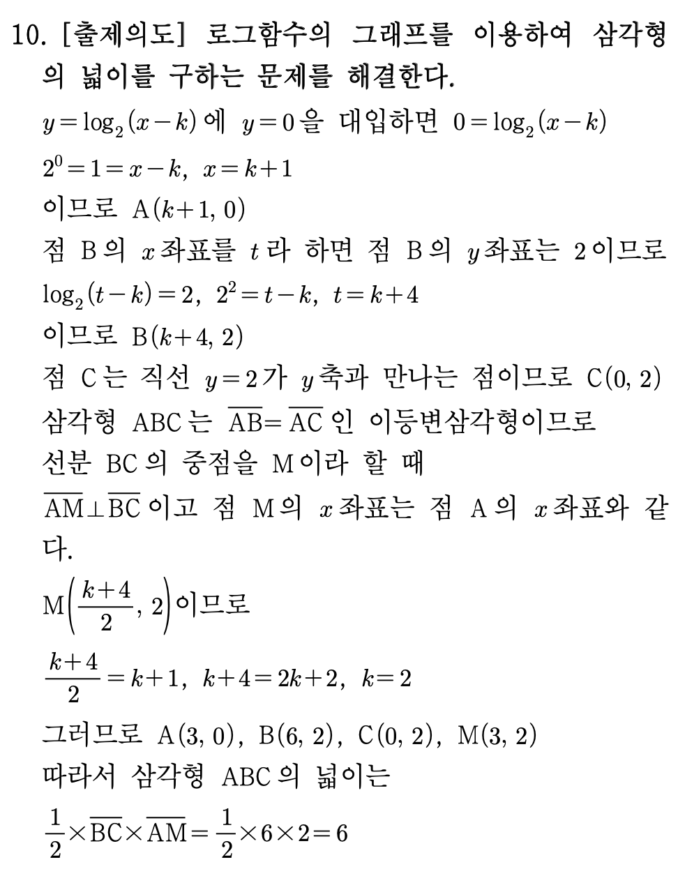 2026년 3월 고3 모의고사 수학 10번 해설 - 로그함수 그래프 삼각형 넓이