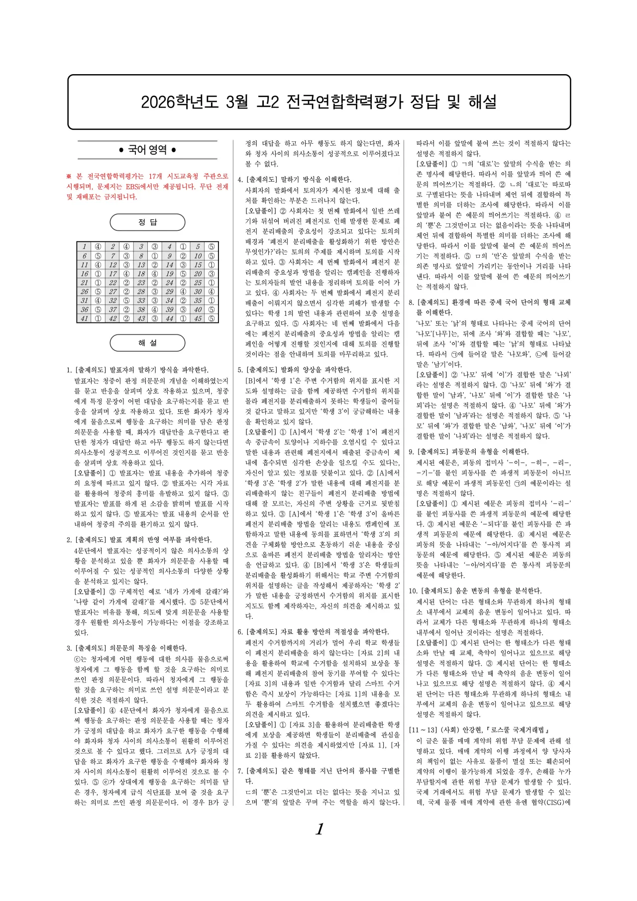 2026 고3 3월 국어 해설지 표지