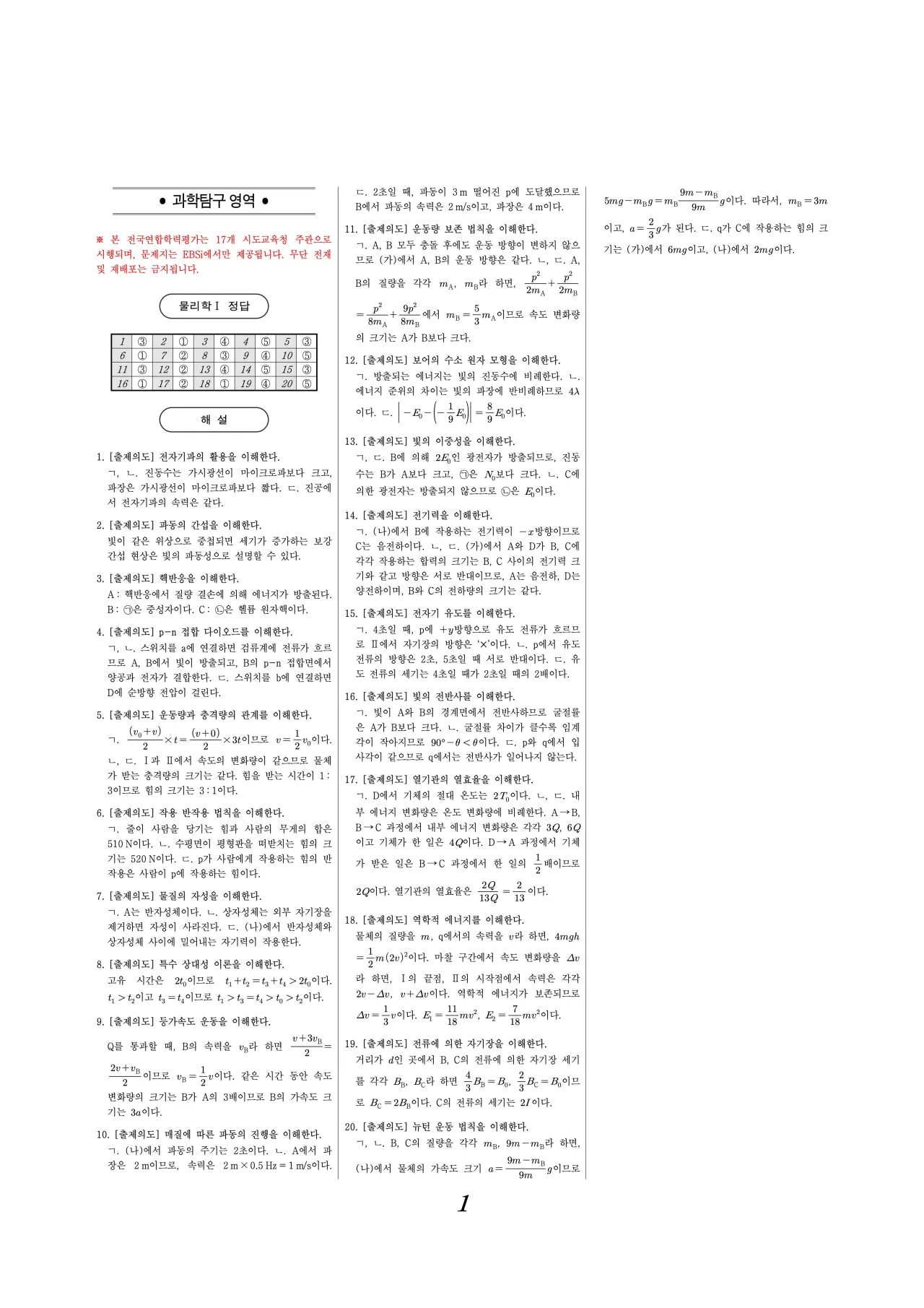 2026년 3월 고3 물리학1 해설지