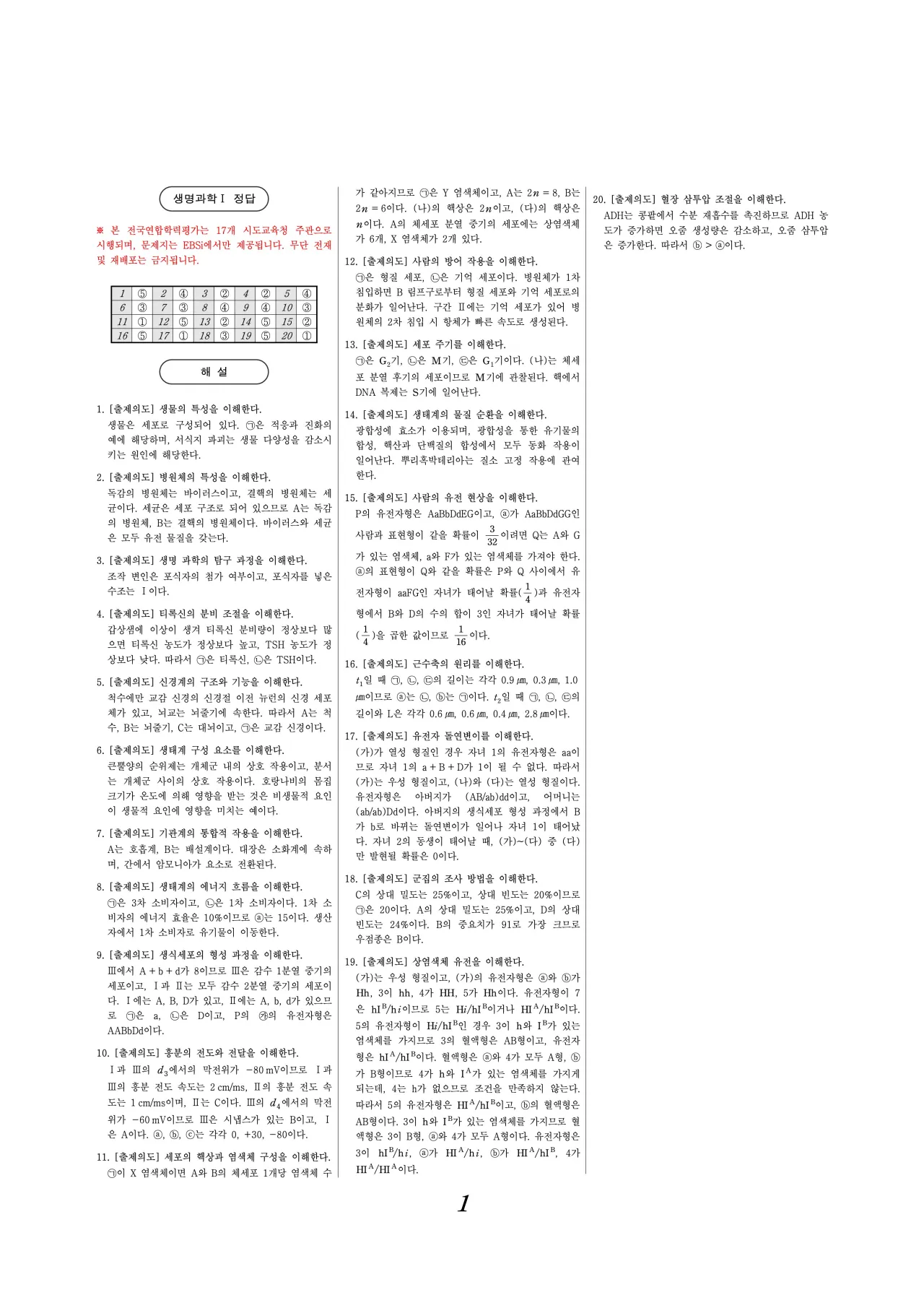 2026년 3월 고3 생명과학1 해설지