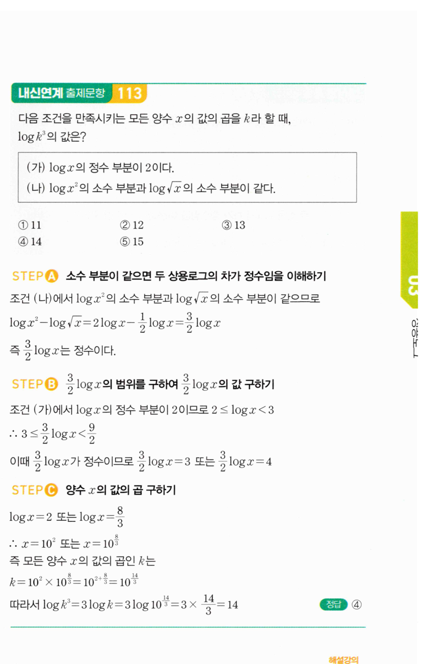 마플시너지 대수1 258번 소수 부분이 같은 두 상용로그 풀이