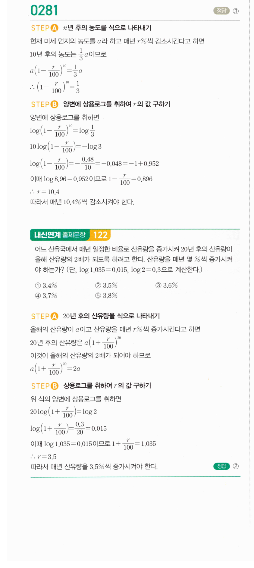 마플시너지 대수 280번 풀이 – 상용로그의 실생활에서의 활용 - 일정한 비율로 증가/감소하는 경우