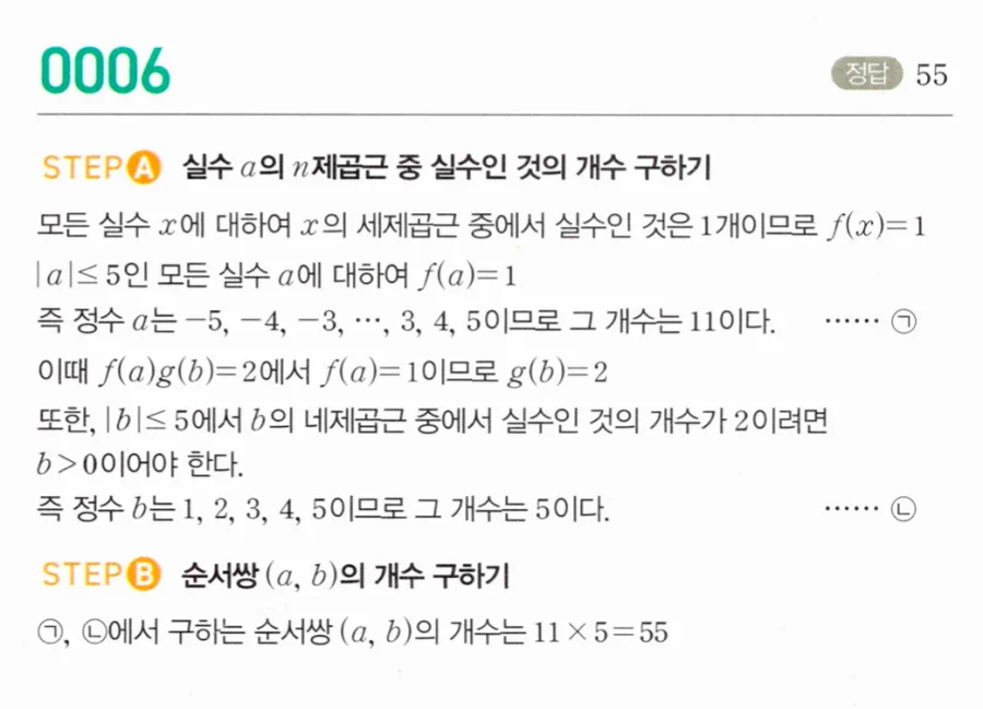 마플시너지 대수1 6번 세제곱근 네제곱근 실수 개수 f(a)g(b)=2 순서쌍 풀이