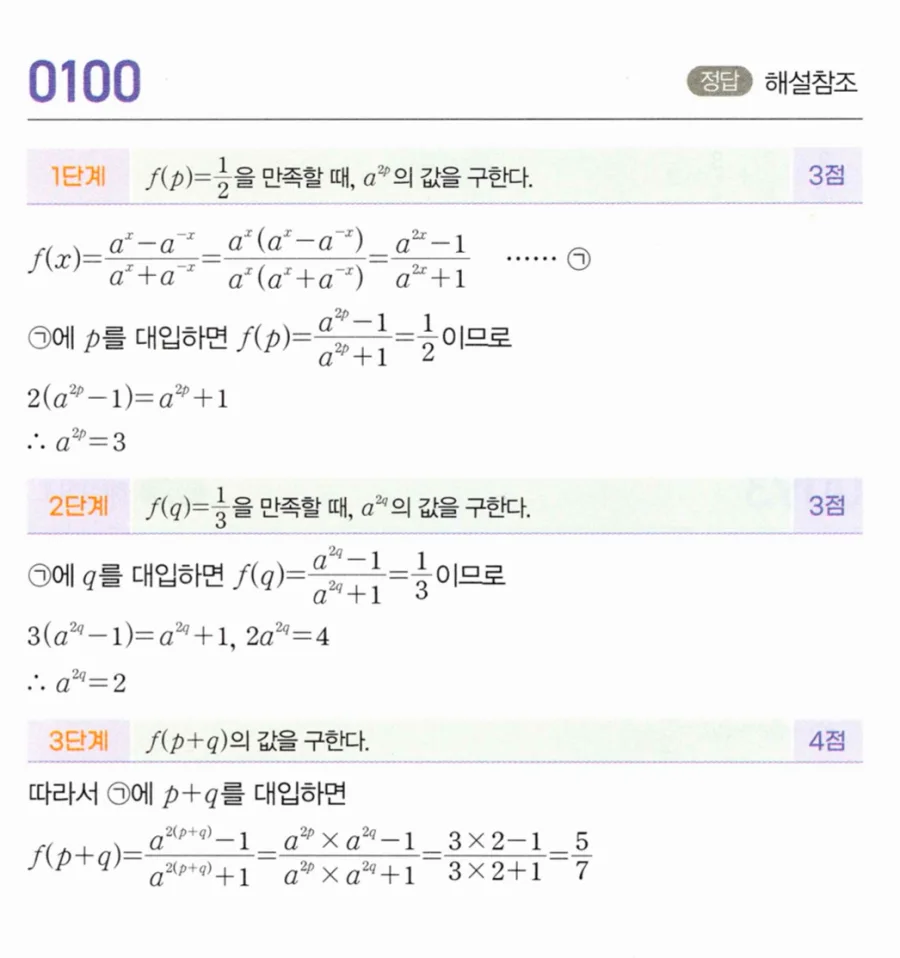 마플시너지 대수1 100번 f(x)=(aˣ-a⁻ˣ)/(aˣ+a⁻ˣ) f(p)=½ f(q)=⅓ f(p+q) 풀이
