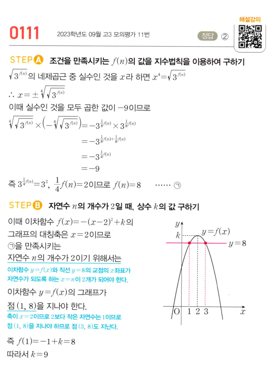 마플시너지 대수1 111번 f(x)=-(x-2)²+k 네제곱근 실수 곱 -9 2023 모평 풀이