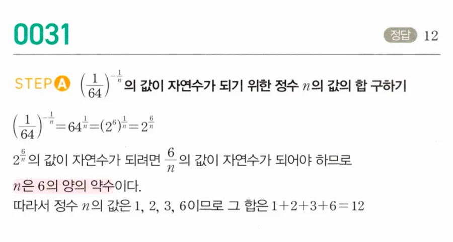 마플시너지 대수1 31번 (1/64)^(-1/n) 자연수 되는 정수 n의 합 풀이