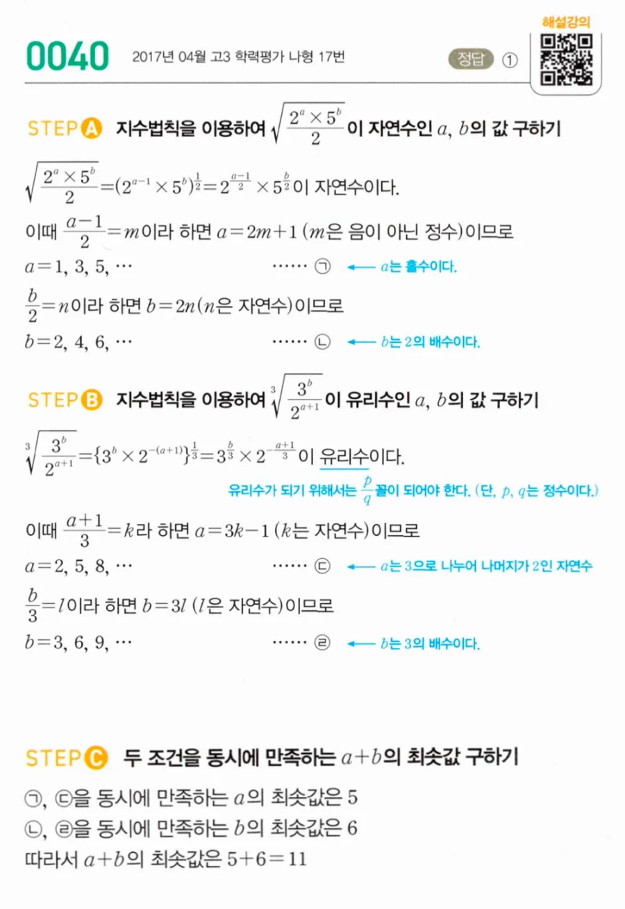 마플시너지 대수1 40번 √(2^a×5^b÷2) 자연수 ³√(3^b÷2^(a+1)) 유리수 a+b 최솟값 풀이