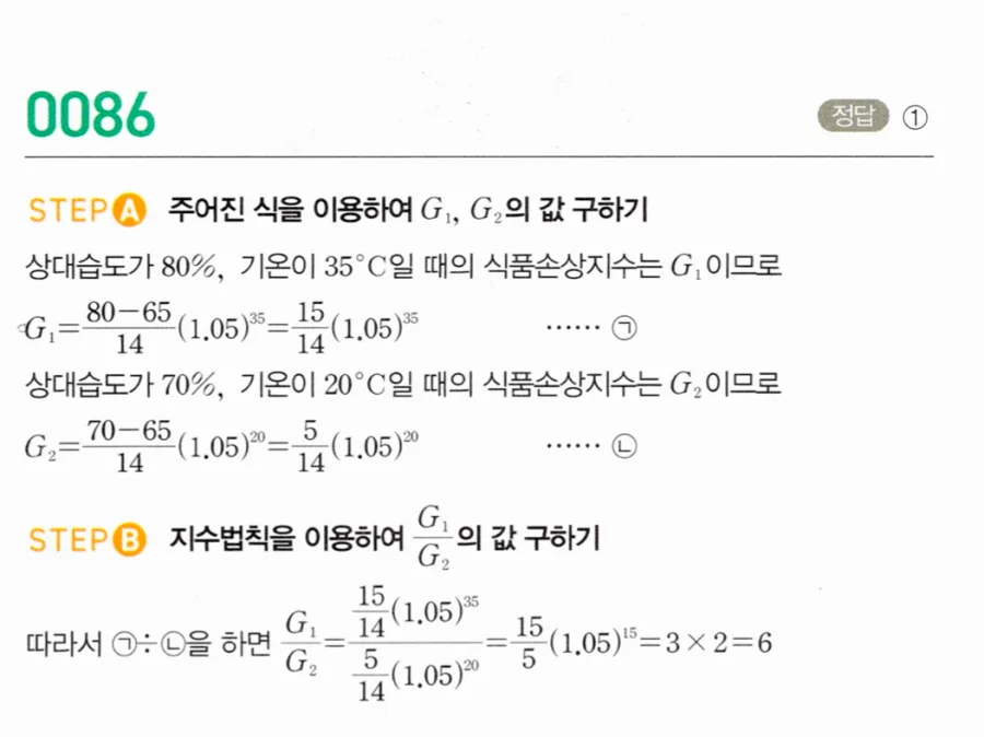 마플시너지 대수1 86번 식품손상지수 G=(H-65)/14×1.05ᵀ 비율 풀이