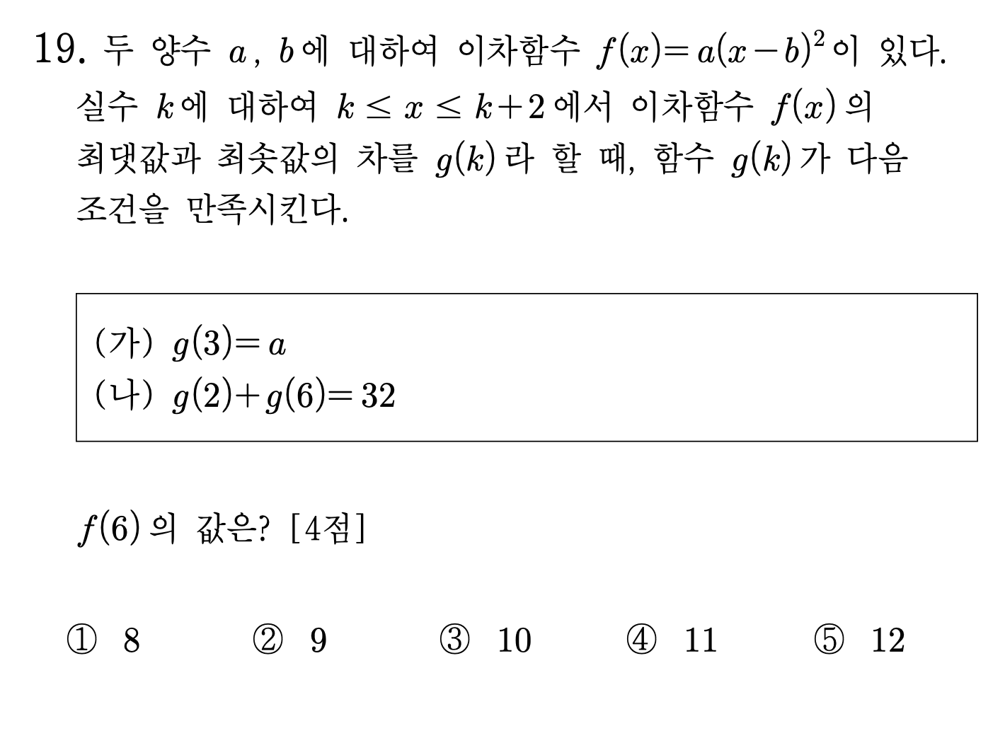 고1 2025년 9월 모의고사 19번 문제 - 이차함수 f(x)=a(x-b)² 최대최소 차이 g(k)