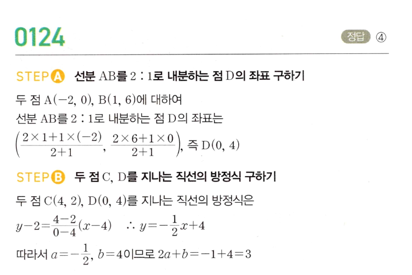 MAPL 공통수학2 0124번 해설 — 선분 AB의 2:1 내분점과 한 점을 지나는 직선에서 2a+b 구하기