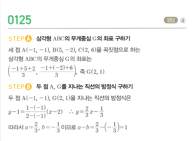 MAPL 공통수학2 0125번 해설 — 삼각형 무게중심과 꼭짓점을 지나는 직선에서 a−b 구하기